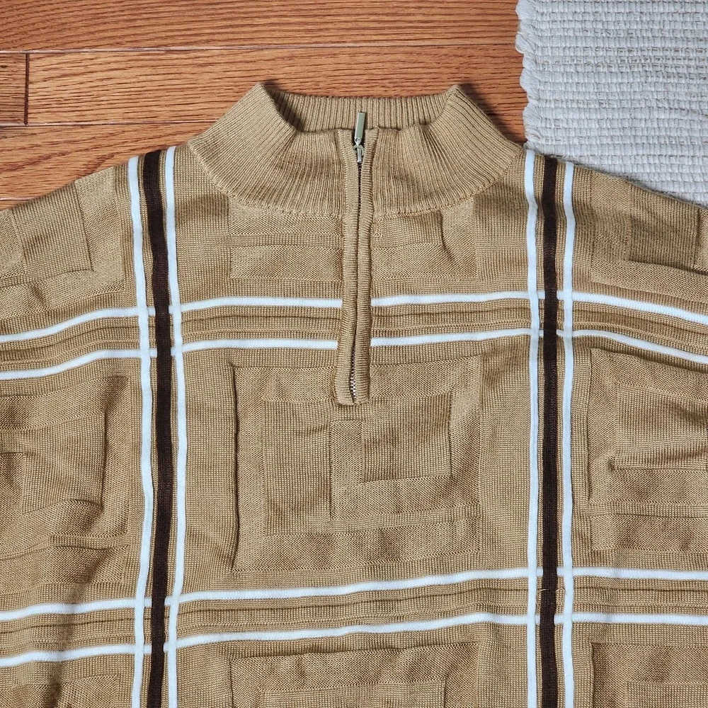 Stacy Adams Sweater XXL Tan Brown 1/4‎ Zip Mock Neck Geometric Grandpa